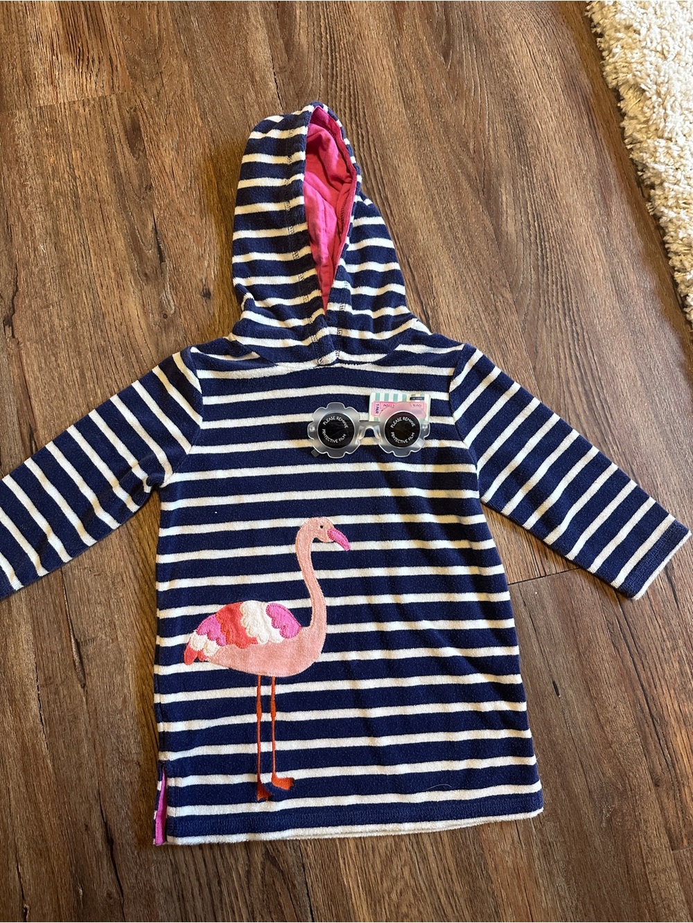 Mini Boden Hooded Kids Swim Coverup with Pink Flamingo plus glasses